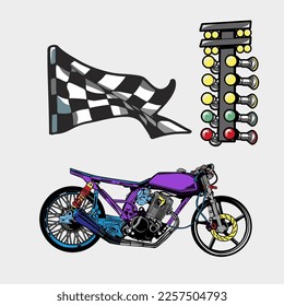 dragbike rasend violettes Farbdesign, Rennflagge und ziehen Lichter auf grauem Hintergrund isolieren .Vektorgrafik.