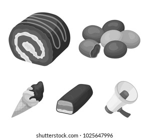 Dragee, roll, chocolate bar, ice cream. Chocolate desserts set collection icons in monochrome style vector symbol stock illustration web.