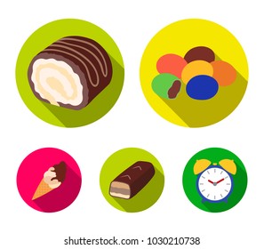 Dragee, roll, chocolate bar, ice cream. Chocolate desserts set collection icons in flat style vector symbol stock illustration web.