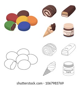 Dragee, roll, chocolate bar, ice cream. Chocolate desserts set collection icons in cartoon,outline style vector symbol stock illustration web.