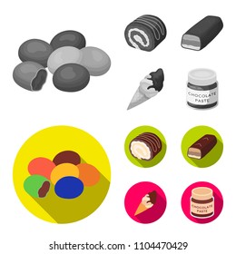 Dragee, roll, chocolate bar, ice cream. Chocolate desserts set collection icons in monochrome,flat style vector symbol stock illustration web.