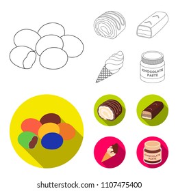 Dragee, roll, chocolate bar, ice cream. Chocolate desserts set collection icons in outline,flat style vector symbol stock illustration web.