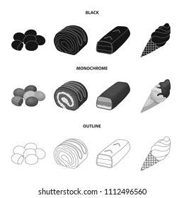 Dragee, roll, chocolate bar, ice cream. Chocolate desserts set collection icons in black,monochrome,outline style vector symbol stock illustration web.