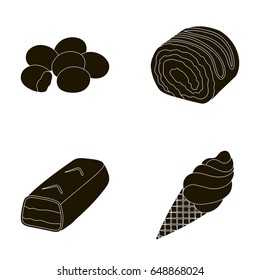 Dragee, roll, chocolate bar, ice cream. Chocolate desserts set collection icons in black style vector symbol stock illustration web.