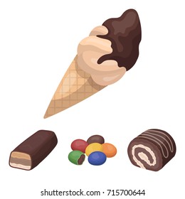 Dragee, roll, chocolate bar, ice cream. Chocolate desserts set collection icons in cartoon style vector symbol stock illustration web.