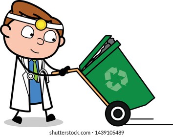 Dragging a Recycle Bin - Professional Cartoon Doctor Vector Illustration