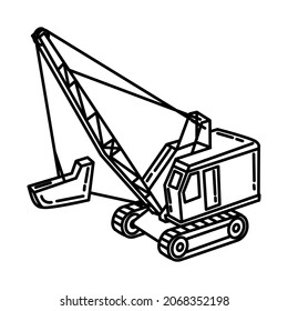 Dragline Bucket Excavator Part of Contractor Material and Equipment Device Hand Drawn Icon Set Vector.