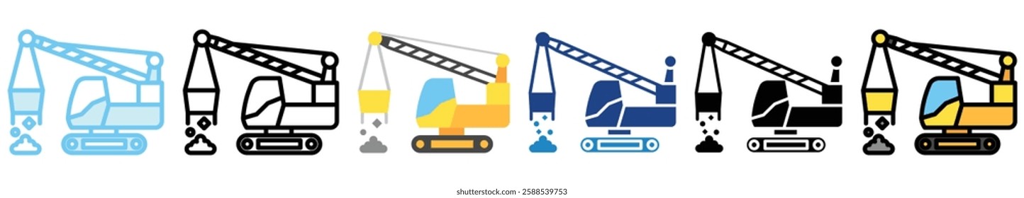 Dragline Excavator multi style, mini illustration icon. outline, flat, glyph, line color, UI, UX, app and web, digital or print. related to heavy machinery, industry, road construction theme