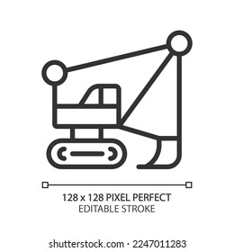 Icono lineal perfecto del píxel de la excavadora de línea larga. Máquina de gran tamaño para equipos pesados. Industria minera desnuda. Vehículo de motor. Ilustración de línea delgada. Símbolo de contorno. Dibujo del contorno del vector. Trazo editable