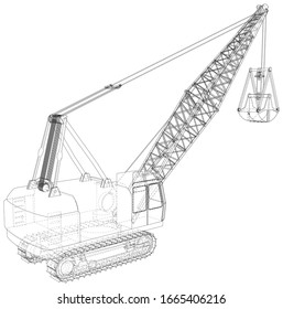 Dragline. The layers of visible and invisible lines are separated. EPS10 format. Wire-frame.