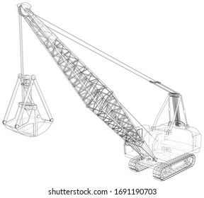 Dragline. The layers of visible and invisible lines are separated. EPS10 format. Wire-frame.