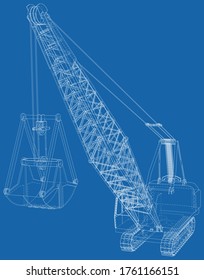 Dragline. The layers of visible and invisible lines are separated. EPS10 format. Wire-frame.