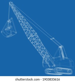 Dragline walking excavator. Vector illustration. Vector rendering of 3d. Wire-frame.