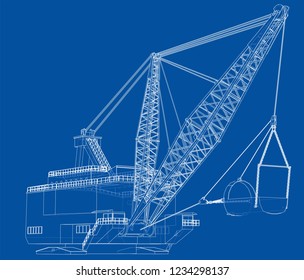 Dragline walking excavator. Vector rendering of 3d. Wire-frame style. The layers of visible and invisible lines are separated