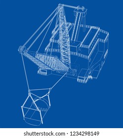 Dragline walking excavator. Vector rendering of 3d. Wire-frame style. The layers of visible and invisible lines are separated