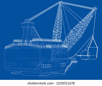 Dragline walking excavator. Vector rendering of 3d. Wire-frame style. The layers of visible and invisible lines are separated