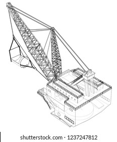 Dragline walking excavator. Vector rendering of 3d. Wire-frame style. The layers of visible and invisible lines are separated