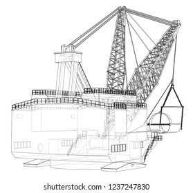 Dragline walking excavator. Vector rendering of 3d. Wire-frame style. The layers of visible and invisible lines are separated