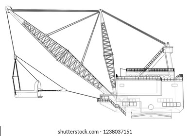 Dragline walking excavator. Vector rendering of 3d. Wire-frame style. The layers of visible and invisible lines are separated