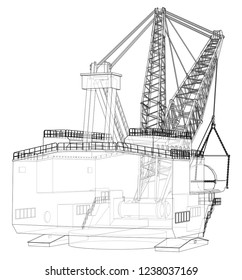 Dragline walking excavator. Vector rendering of 3d. Wire-frame style. The layers of visible and invisible lines are separated