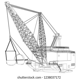 Dragline walking excavator. Vector rendering of 3d. Wire-frame style. The layers of visible and invisible lines are separated