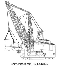 Dragline walking excavator. Vector rendering of 3d. Wire-frame style. The layers of visible and invisible lines are separated