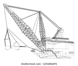 Dragline walking excavator. Vector rendering of 3d. Wire-frame style. The layers of visible and invisible lines are separated