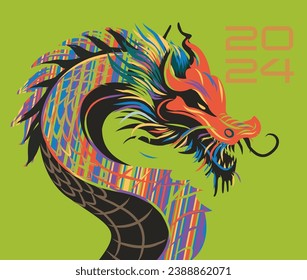 Dragon 2024 banner. Vector poster calendar oriental Chinese New Year. Year of the Dragon paper cut. Bright colored zodiac dragon. Poster card