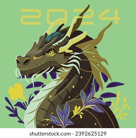 Dragon 2024 banner. Vector poster calendar oriental Chinese New Year. Year of the Dragon paper cut. Bright colored zodiac dragon. Poster card