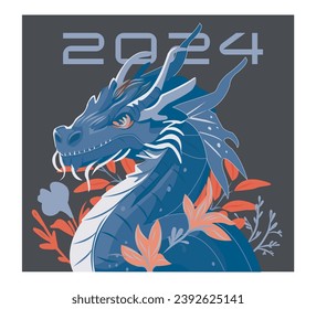 Dragon 2024 banner. Vector poster calendar oriental Chinese New Year. Year of the Dragon paper cut. Bright colored zodiac dragon. Poster card