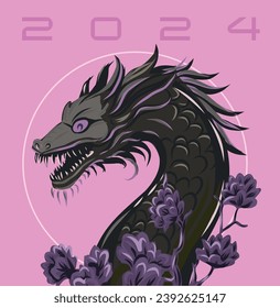 Dragon 2024 banner. Vector poster calendar oriental Chinese New Year. Year of the Dragon paper cut. Bright colored zodiac dragon. Poster card