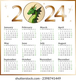 Dragon in the 2024 calendar.Vector illustration with a green dragon in the calendar for the new year 2024.