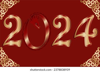 dragón, 2024 año, nuevo, vector, tarjeta, navidad, celebración, ilustración, feliz, decoración, saludo, diseño, año nuevo, fondo de pantalla, oro, banner
