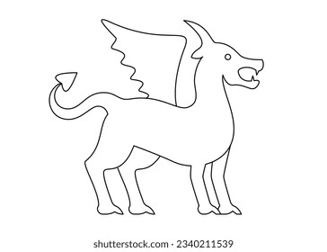 Dragon abstract symbol, zodiac sign, dinosaur minimal line art style. Dragon with wings. Vector isolated illustration