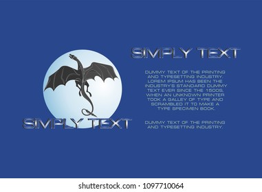 Dragon against the background of the full moon. Blue background with place for text. Mythical animal. Vector symbol. Emblem, poster, banner.