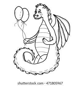 Dragon with air balloons. Hand drawn graphics illustration. Isolated on white background. For prints, cards, designs, clothes, coloring book pages.