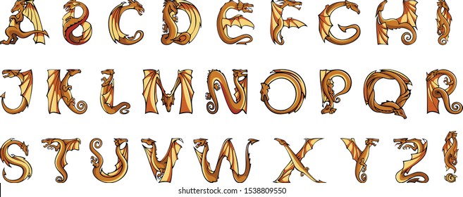 Dragon alphabet, letters in form of dragons, fantasy font, vector illustration