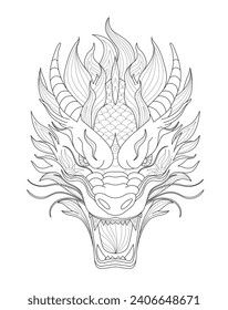 Dragon angry head with open mouth, coloring book page for adults, detailed