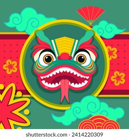 Dragon animal as Chinese New year symbol. Banner design in cartoon style with Chinese paper fan, clouds. Lunar New Year concept