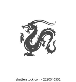 Dragon Asian mythology monster Oriental horoscope prosperity monochrome icon vector illustration. Reptile monster dinosaur ancient creature beast minimalist black silhouette insignia mascot