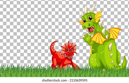Dragon and baby cartoon character on green grass on transparent background illustration
