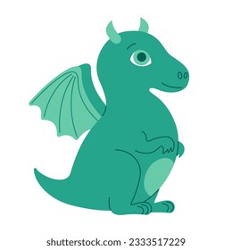 Dragon baby, dinosaur child green cartoon style. Cute animal for new year. Dragon with wings. Vector isolated illustration