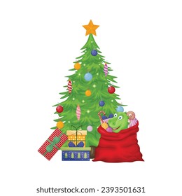 A dragon in a bag near the Christmas tree. Cute Christmas illustration depicting a dragon in a bag of gifts near the Christmas tree. A symbol of the new year. Vector
