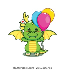 dragon with balloon cartoon vector illustration.