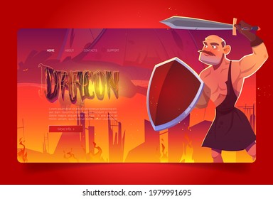 Dragon banner. Fairy tale fantasy flying beast sets fire to houses. Vector landing page with cartoon illustration of ancient warrior with sword and shield fights against dragon