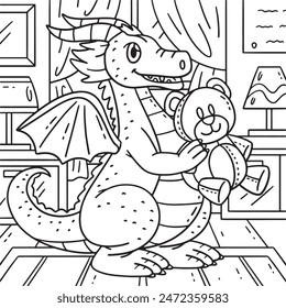 Dragon with Bear Plushy Coloring Page for Kids