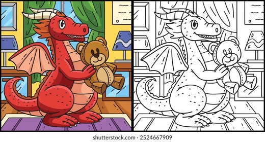 Dragon with Bear Plushy Coloring Page Illustration