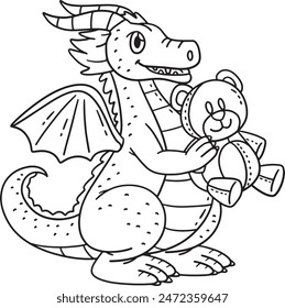 Dragon with Bear Plushy Isolated Coloring Page