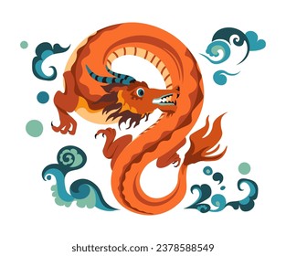 Dragon beast character, isolated reptile creature with claws, horns, and tail. Chinese folklore or mythology personage, monsters, and clouds. Fantasy being, vector in flat style illustration