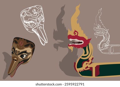 Dragon and bird face on brown background with white line sketches